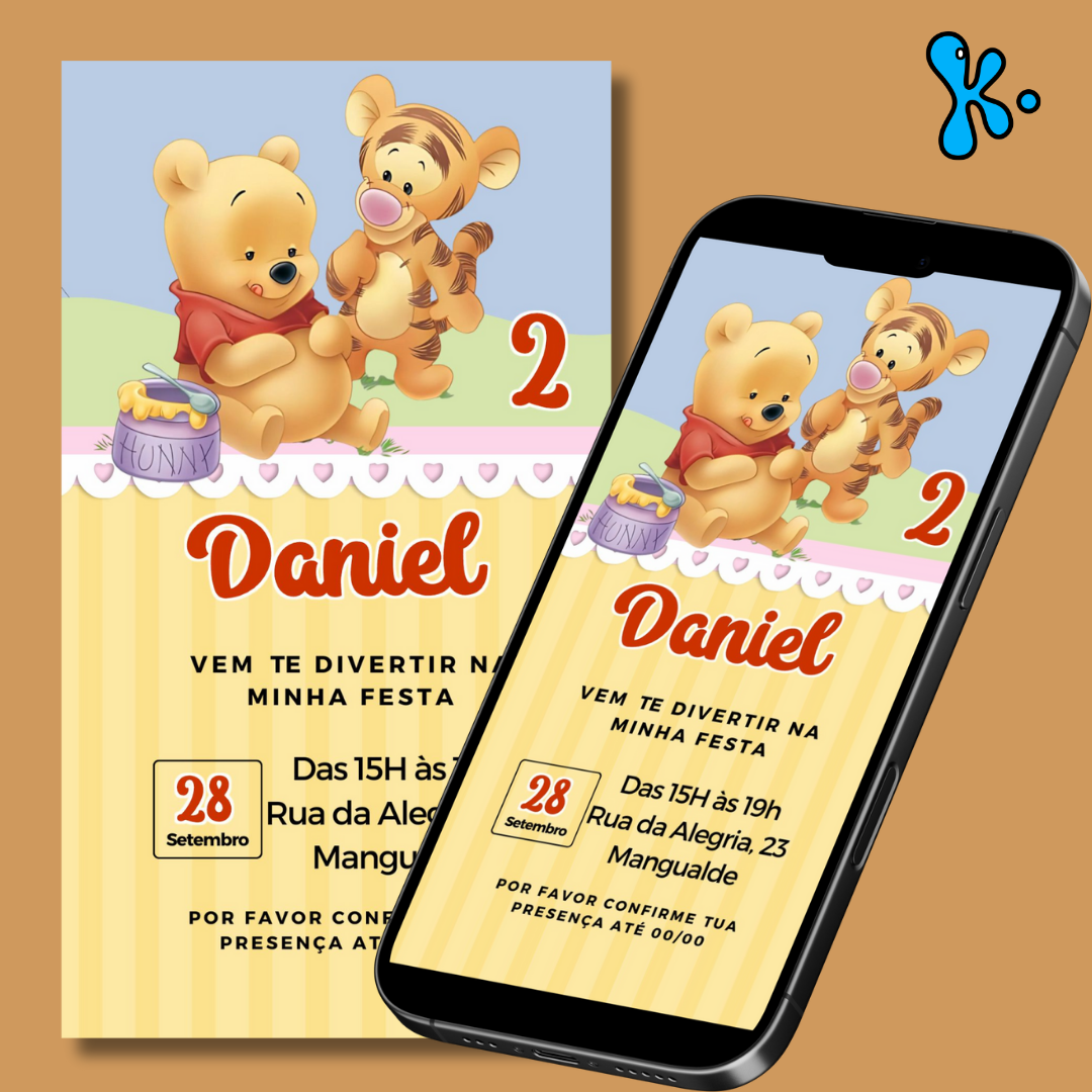 Convite Digital Baby Winnie The Pooh com Tigrão para Aniversário