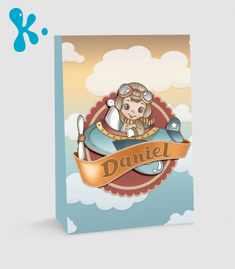 Saco lembrança aviador personalizado com nome da criança em tons de azul e bege