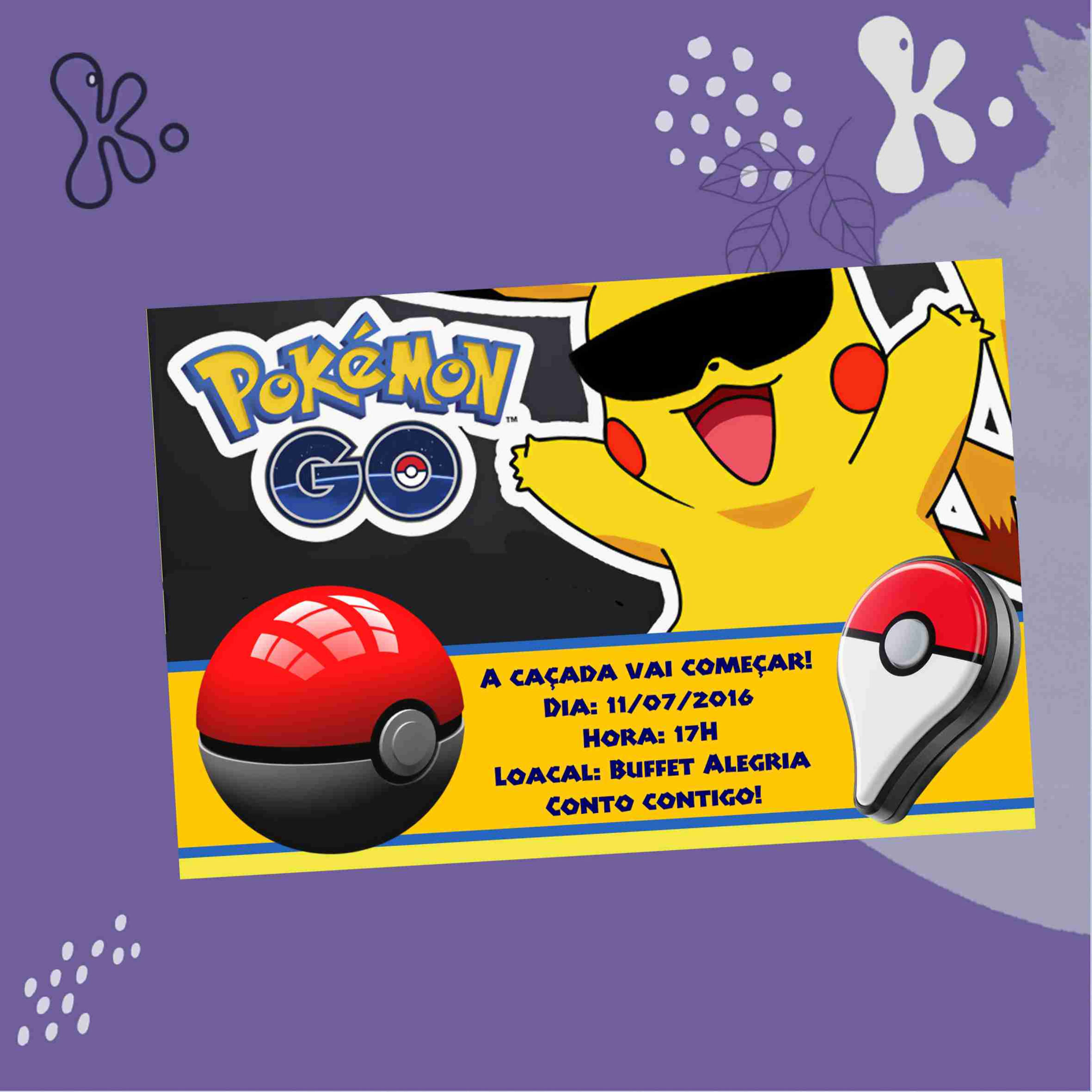 Convite Digital Pokémon GO com Pikachu Estilizado Personalizado