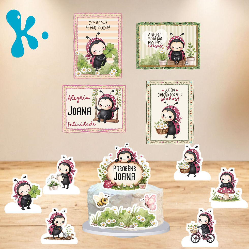 Kit de Festa Joaninha personalizado com cartaz, topo de bolo e figuras decorativas em tema de joaninhas e flores.