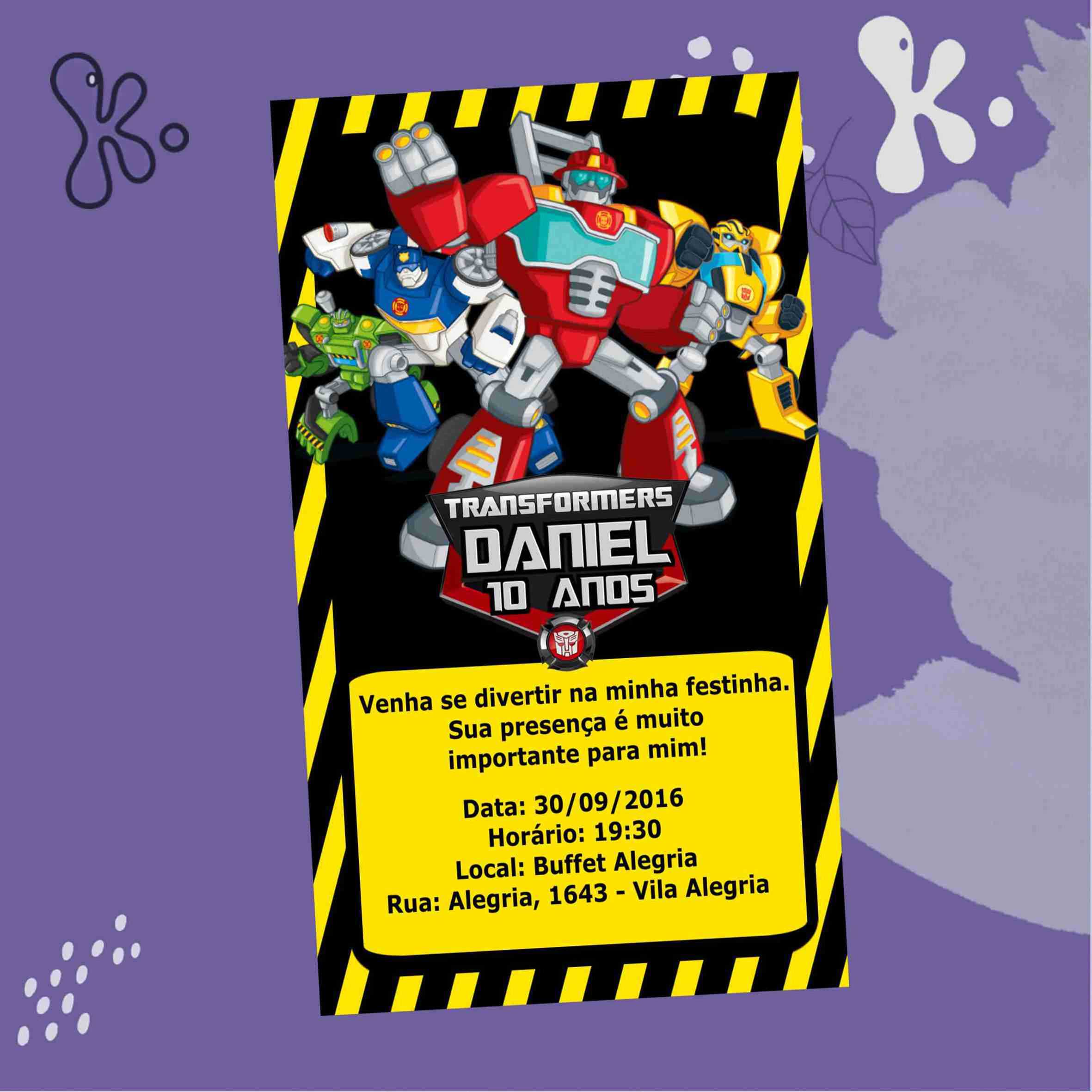 Convite Digital Transformers com personagens animados e informações de festa infantil personalizáveis