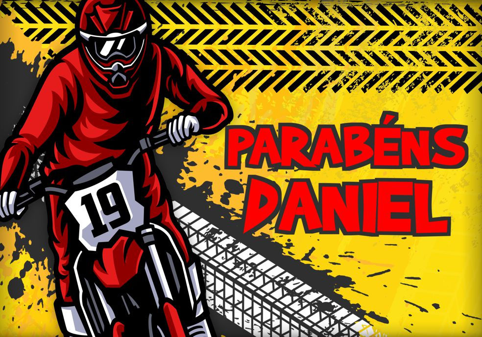 Cartaz infantil motocross com piloto em ação, cores vibrantes e nome personalizado