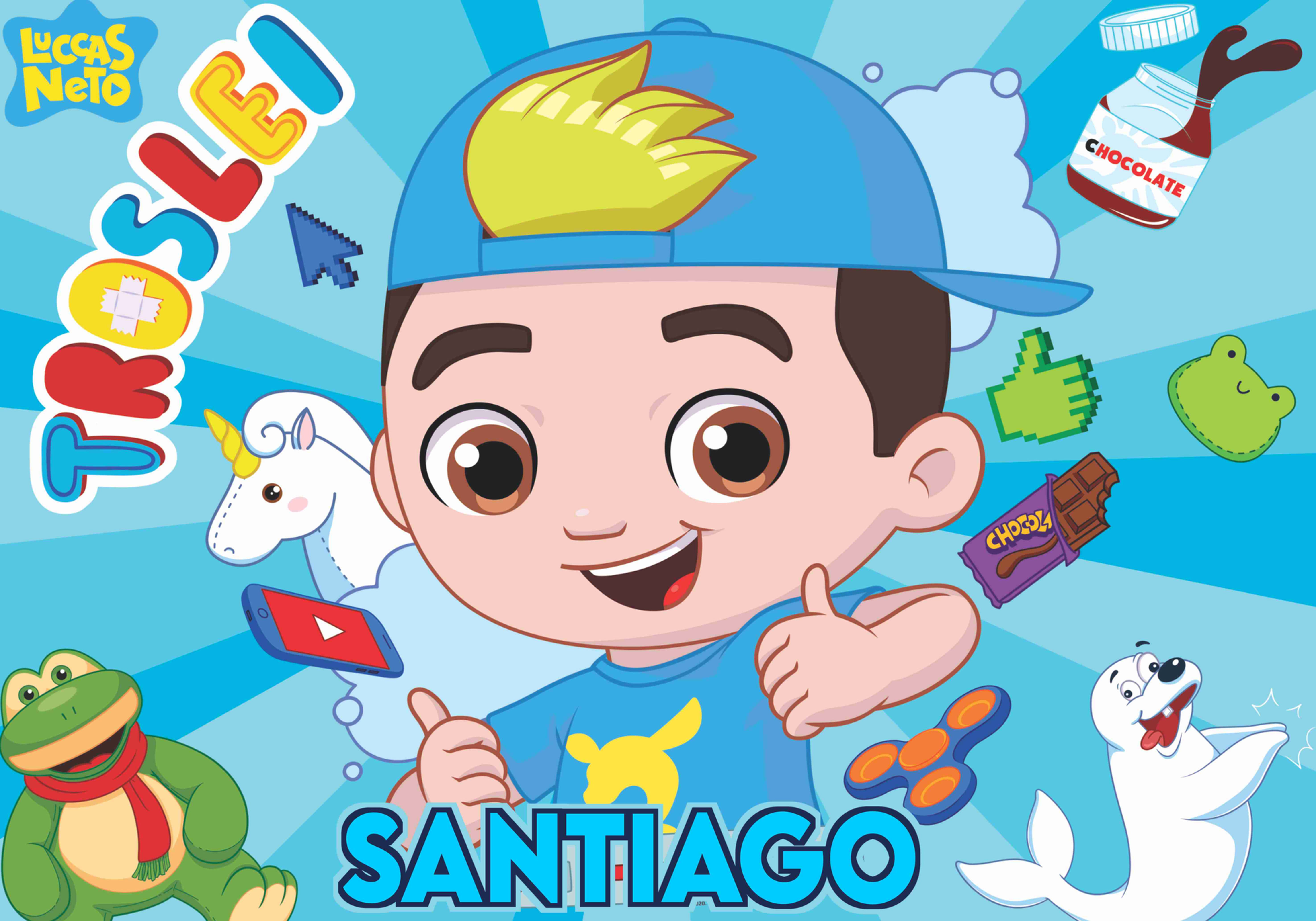 Cartaz Luccas Neto personalizado com nome Santiago em estilo divertido para decoração de festa infantil