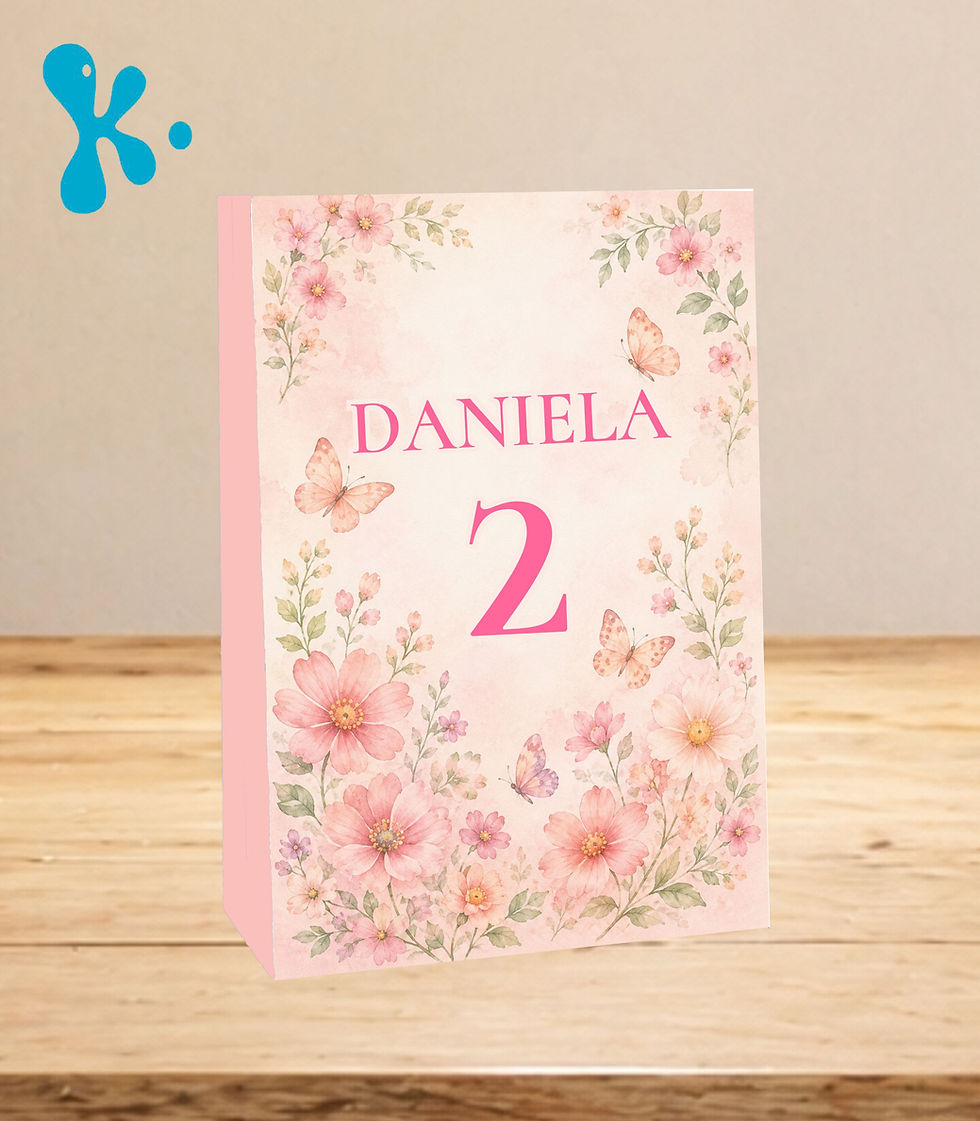 Saco lembrança personalizado Jardim de Flores e Borboletas em tons rosa com flores em aguarela.