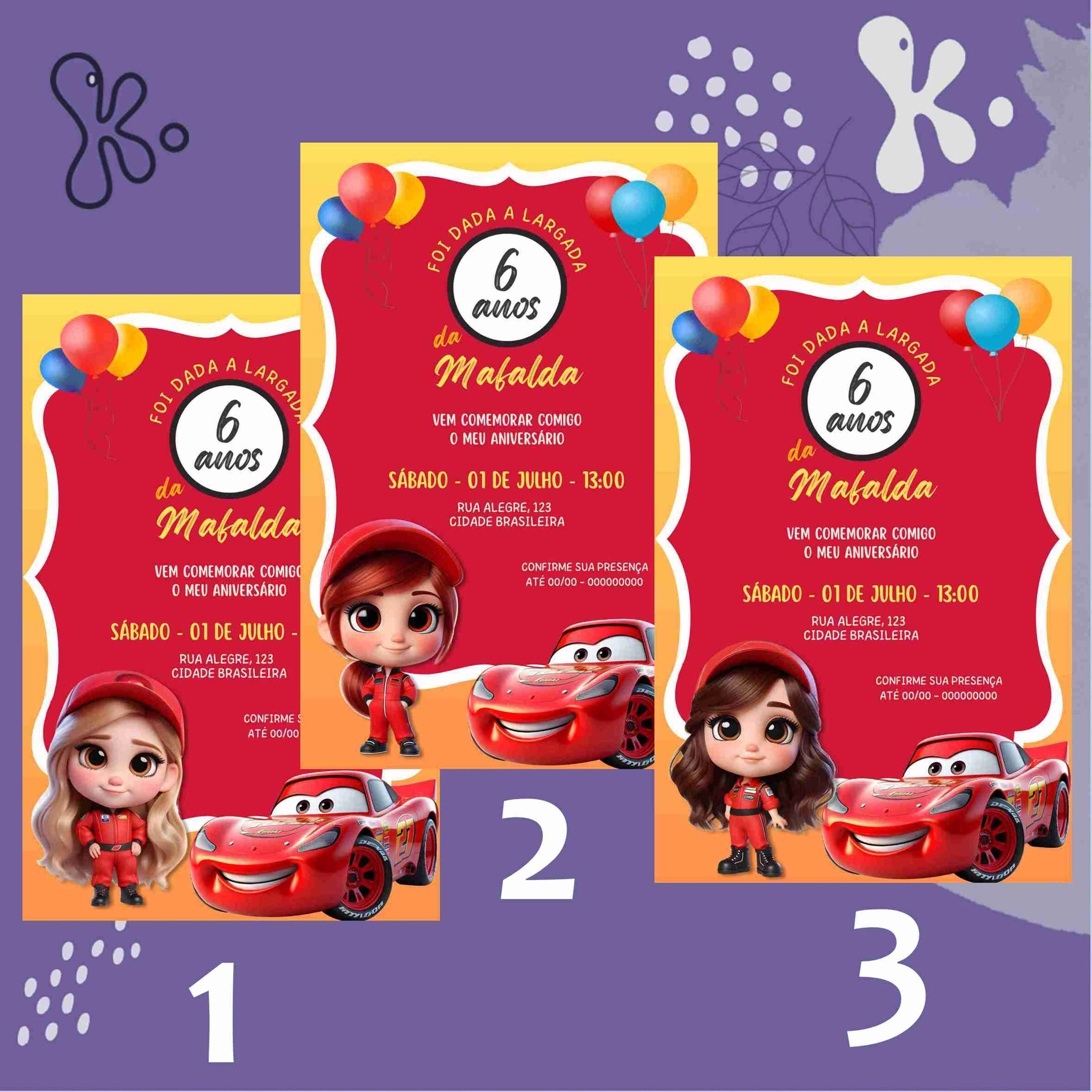 Convite Digital Carros Disney - Faísca McQueen Feminino com 3 Modelos Personalizados