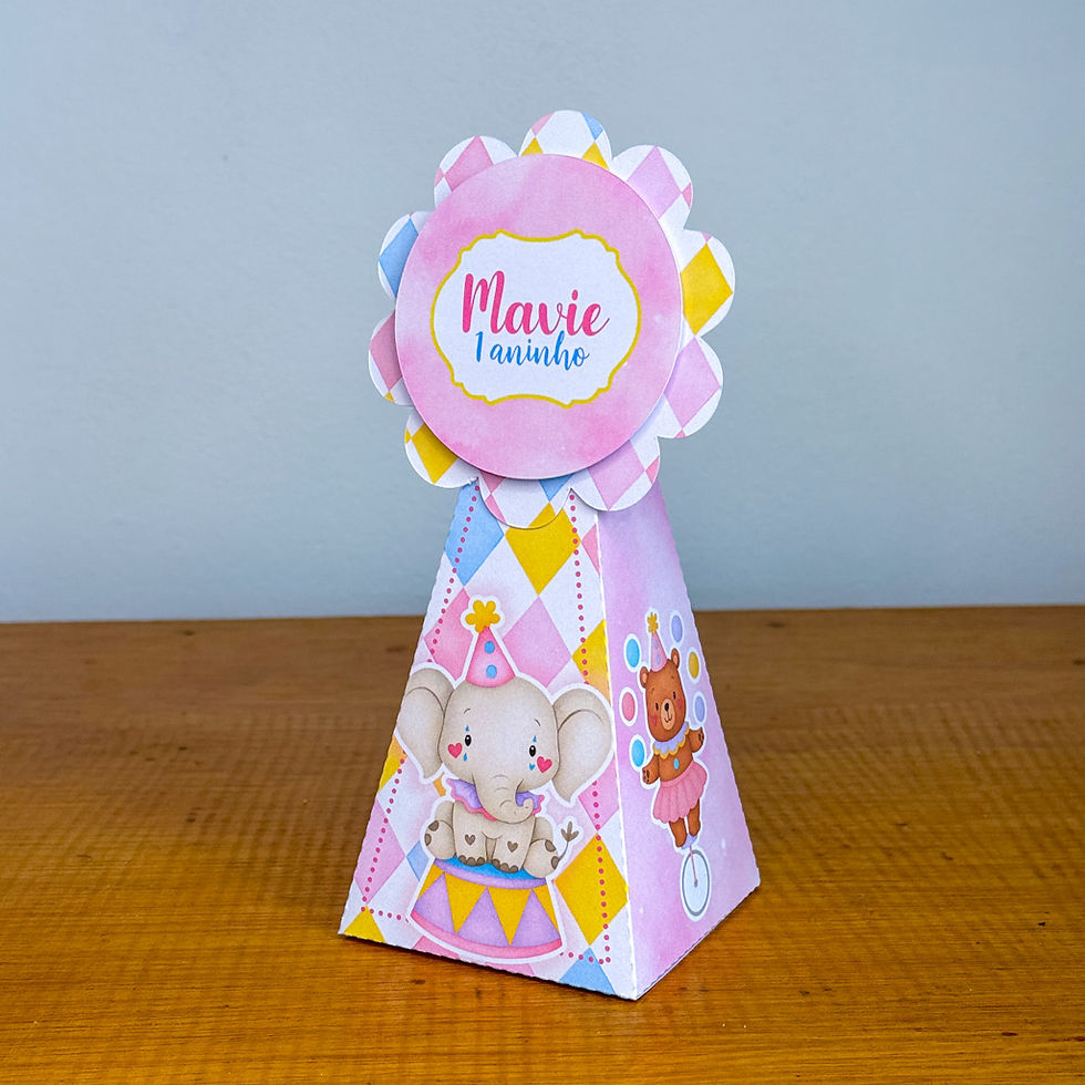 Miniatura: Caixa pirâmide personalizada Circo Rosa com elefantinho e