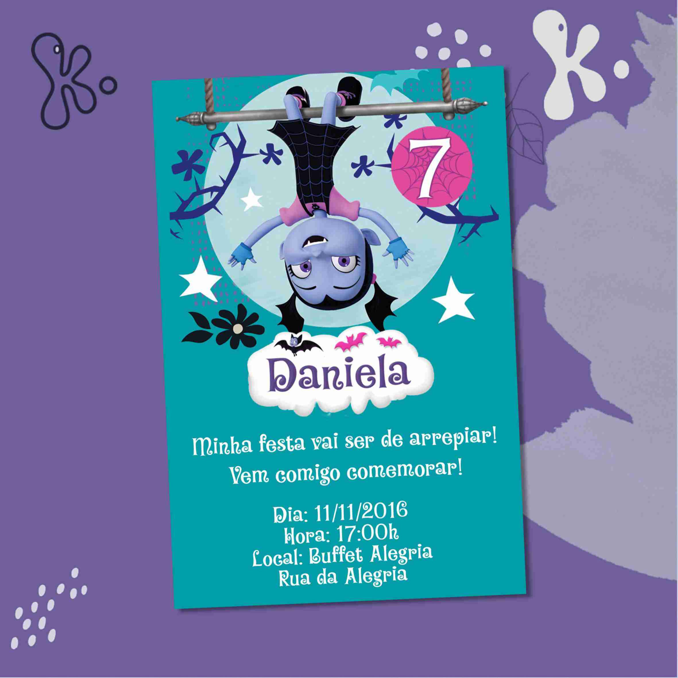 onvite Digital da Vampirina com personagem pendurada, nome personalizado e informações da festa infantil em fundo azul.
