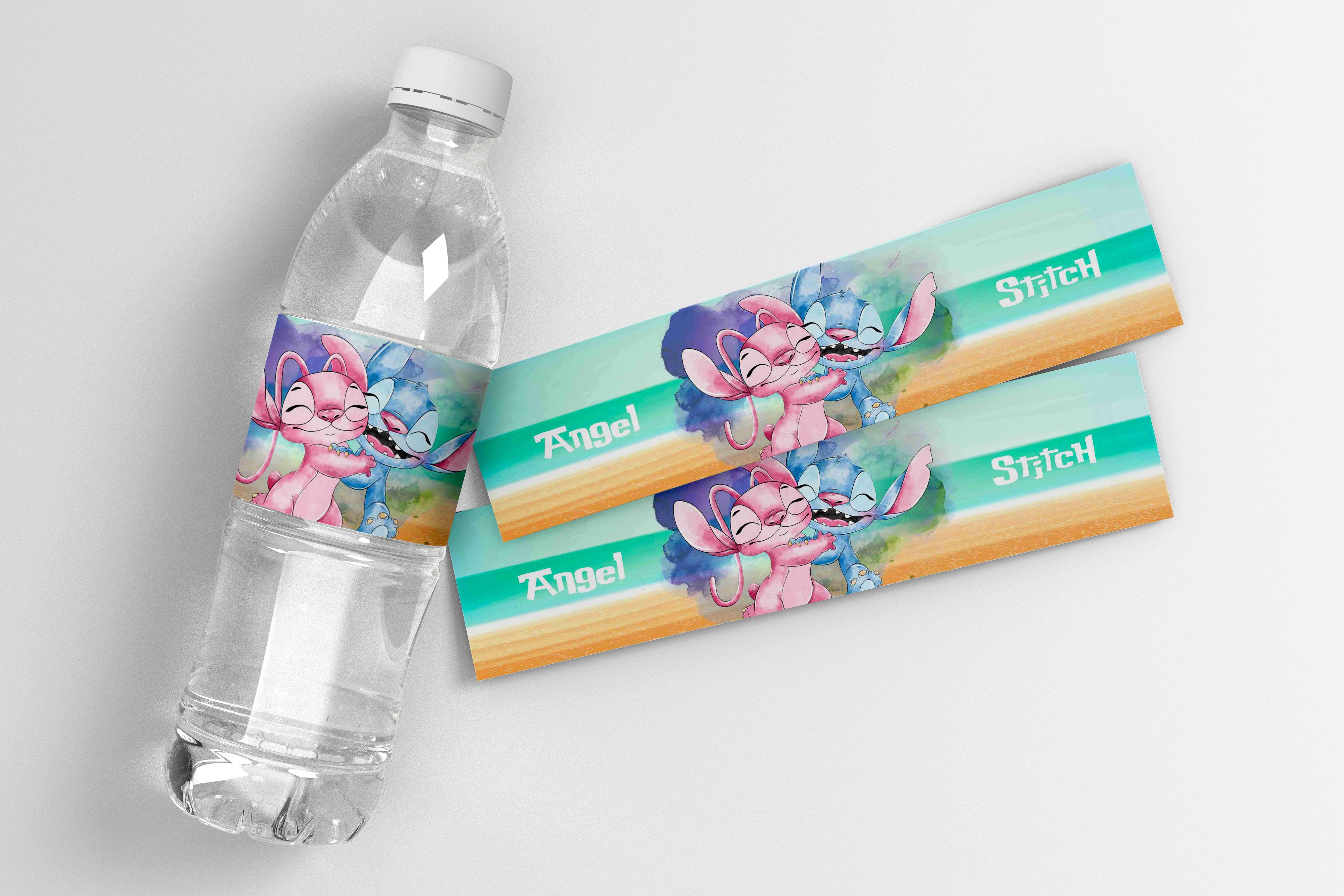 Rotulo garrafa pequeno Stitch e Angel