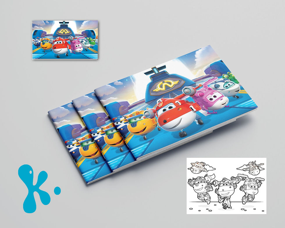 Livro de colorir Super Wings personalizado com aviões coloridos na capa azul e espaço para o nome da criança.