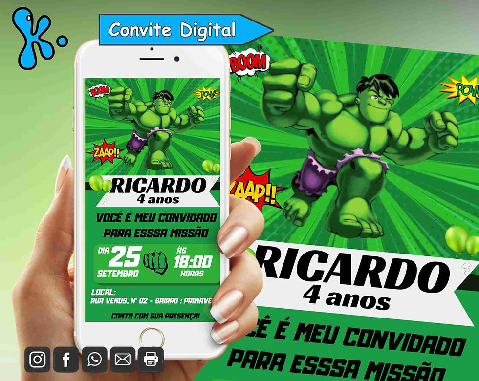 Convite Digital Hulk Personalizado – Envia ou Imprime com Estilo