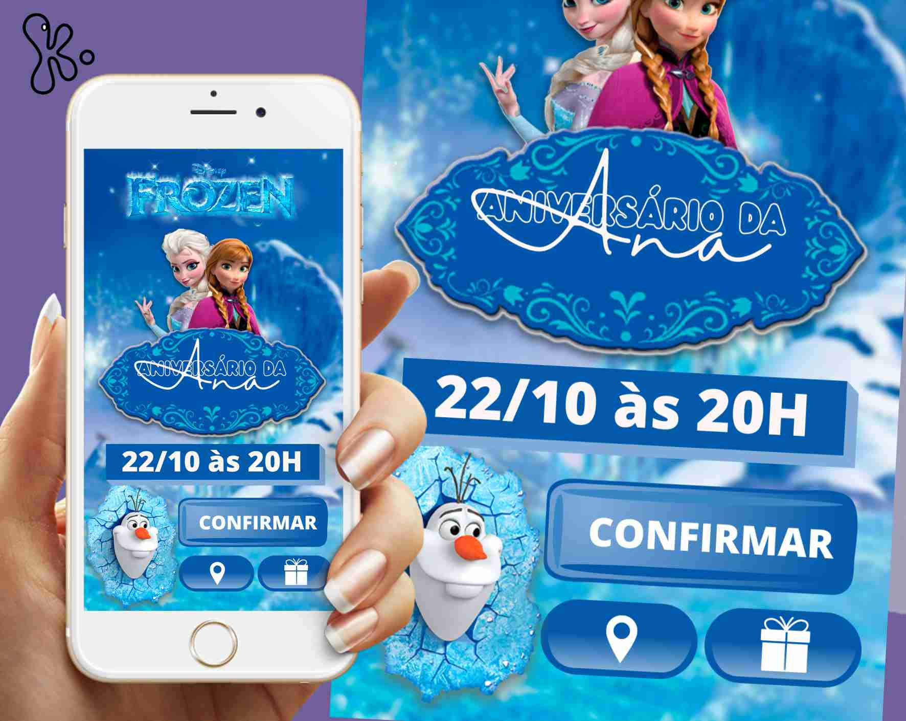 Convite digital Frozen com Elsa, Anna e Olaf, texto editável, links e versão para impressão