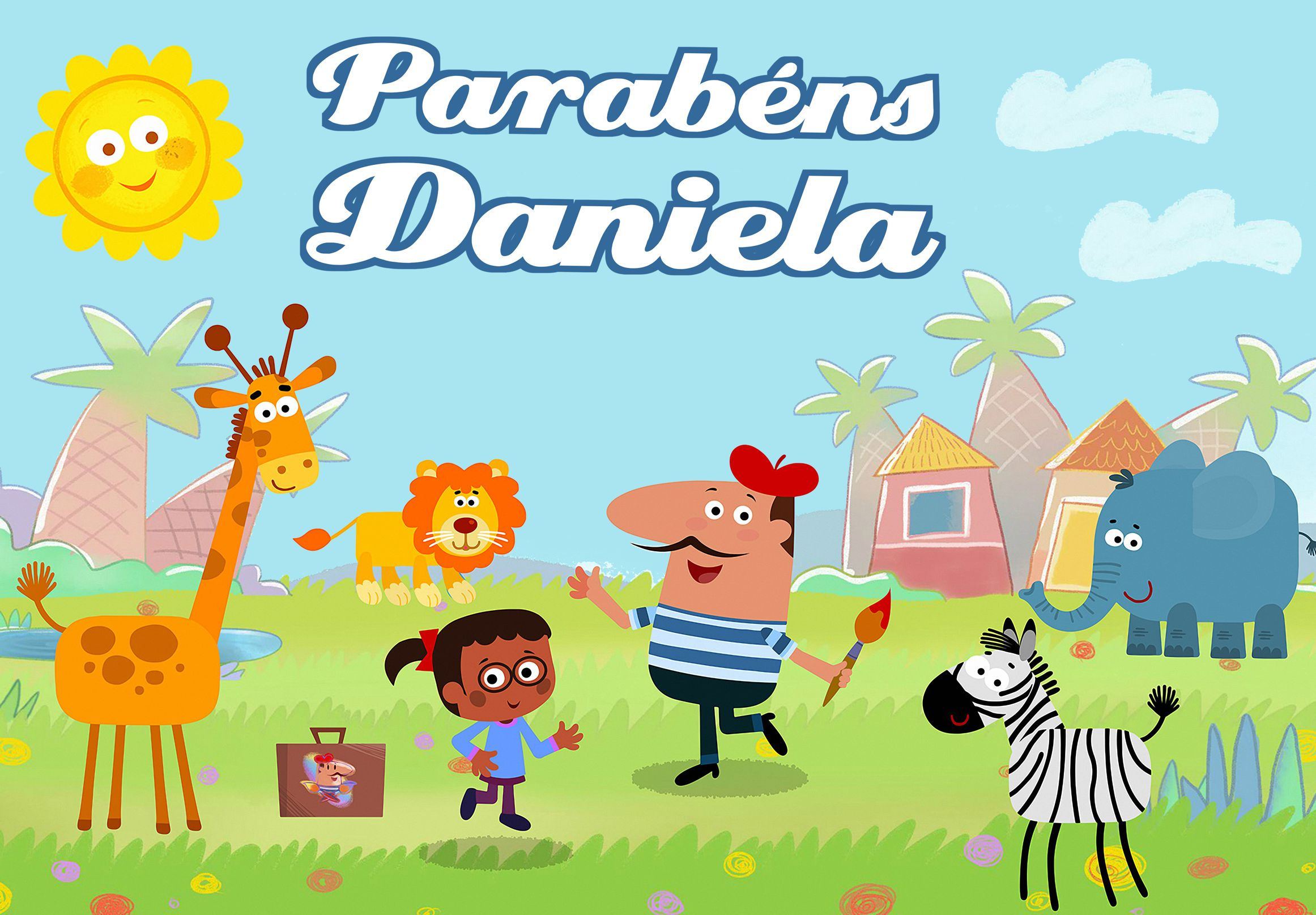 Cartaz infantil Pierre o Pintor BabyTV com animais, crianças e mensagem de parabéns