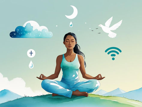 Ilustração de uma mulher a meditar no topo de uma montanha ao amanhecer, rodeada por símbolos de silêncio, sono, choro, perdão e desconexão digital. A imagem transmite paz, equilíbrio emocional e limpeza mental.