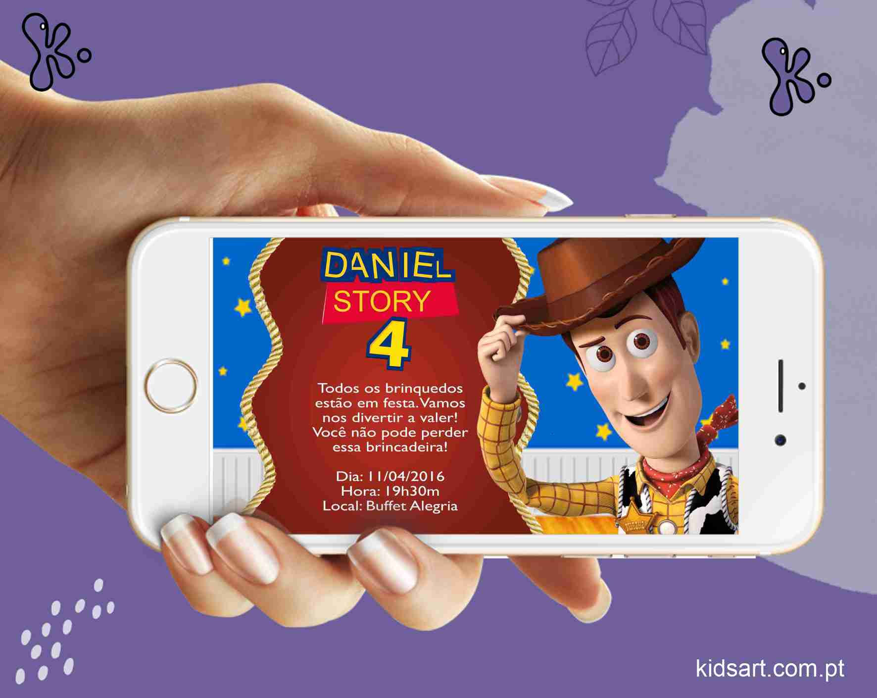 Convite Digital Toy Story com personagem Woody, personalizado para festa infantil, com data, hora e local