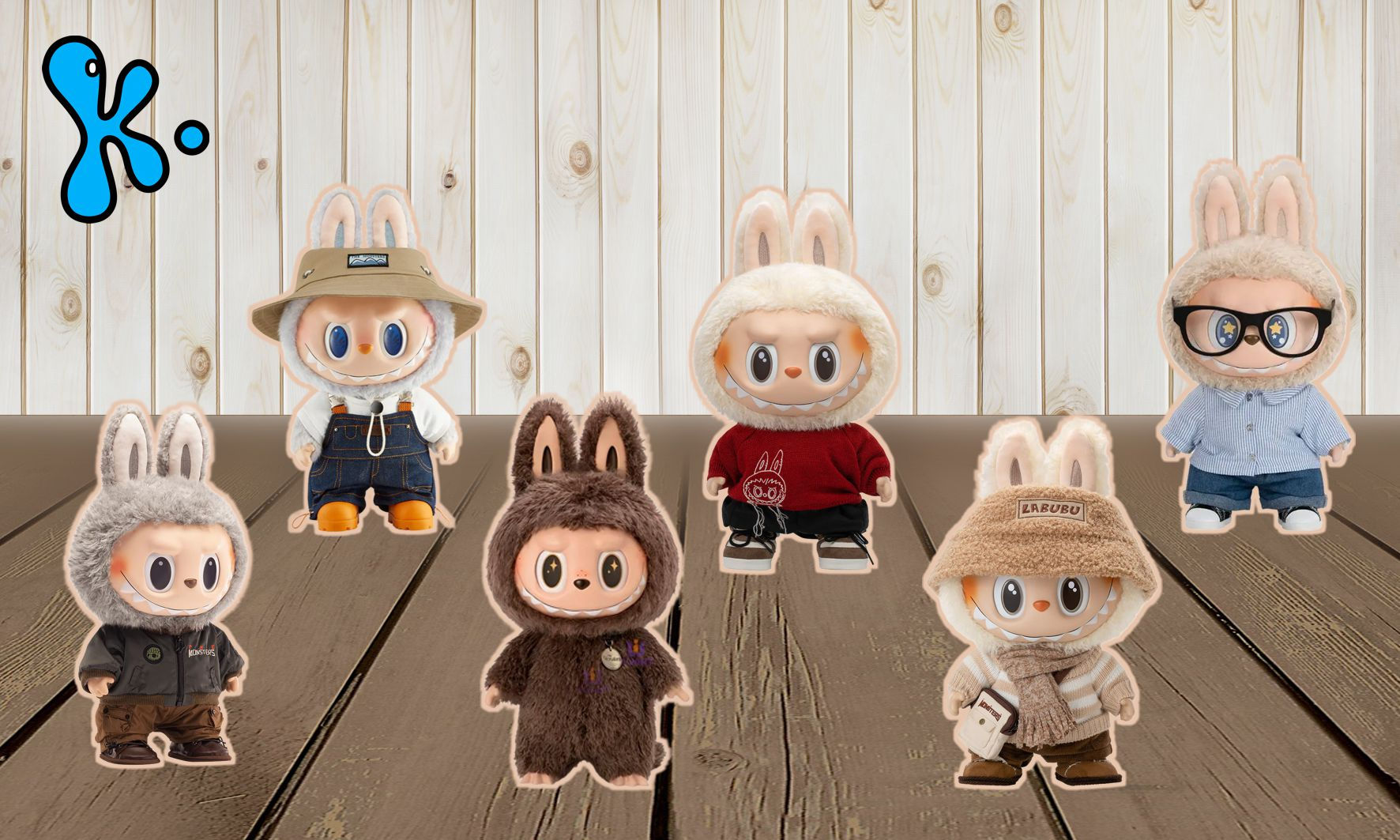 Figuras de mesa Labubu com roupas variadas e orelhas de coelho