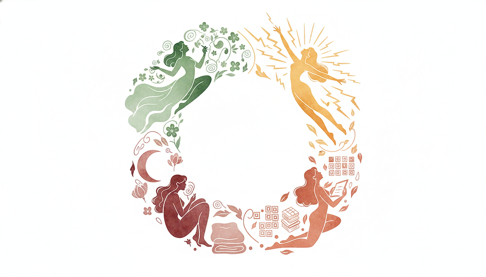 "Infográfico mostrando as 4 fases do ciclo menstrual (follicular, ovulatória, lútea e menstrual) com cores diferentes representando níveis de energia e atividades recomendadas para cada fase"
