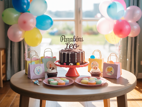 Mesa de festa infantil simples e alegre, decorada com balões coloridos, bolo no centro, lembrancinhas em sacolas de papel