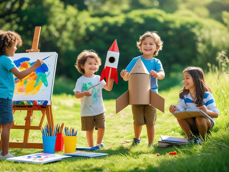 Crianças a brincar ao ar livre durante as férias de verão: uma pinta num cavalete, outra constrói um foguetão com cartão, e duas exploram a natureza com cadernos nas mãos. Ambiente alegre e educativo, com materiais criativos espalhados pela relva.