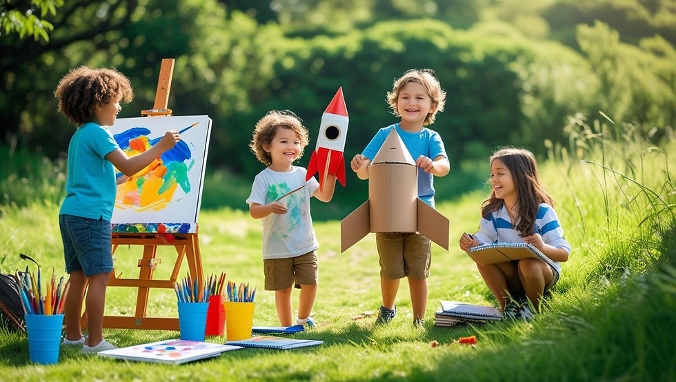 Crianças a brincar ao ar livre durante as férias de verão: uma pinta num cavalete, outra constrói um foguetão com cartão, e duas exploram a natureza com cadernos nas mãos. Ambiente alegre e educativo, com materiais criativos espalhados pela relva.