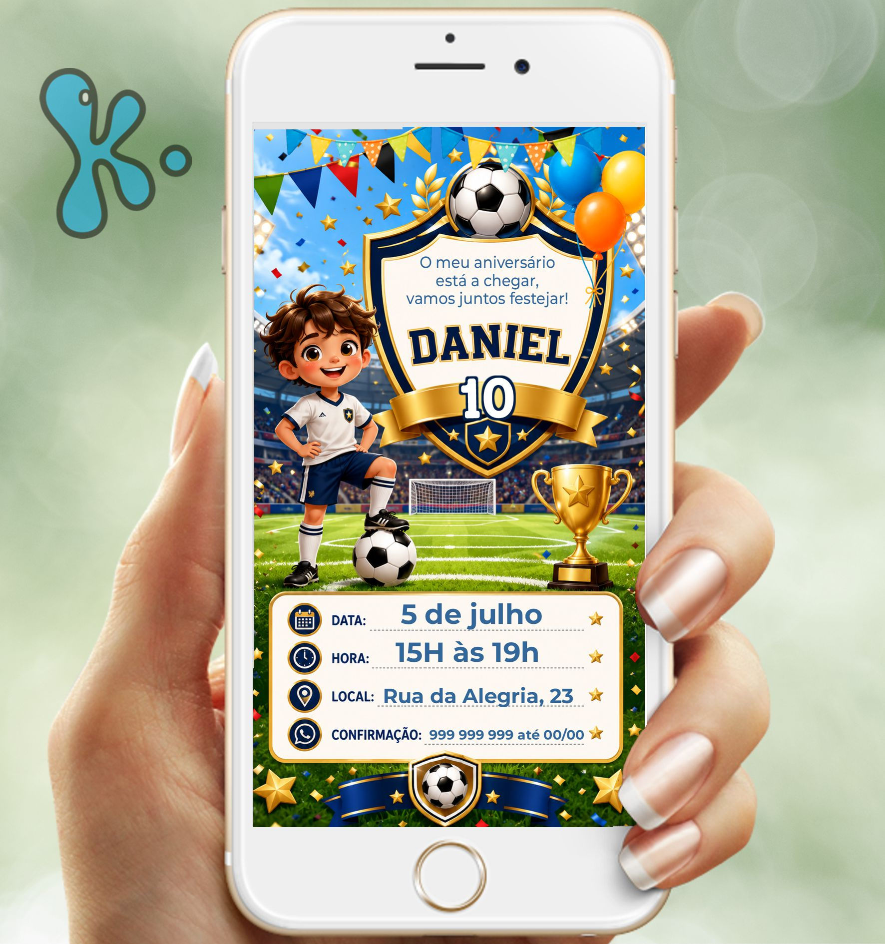 Convite digital futebol infantil com jogador, estádio, troféu, escudo e balões coloridos.