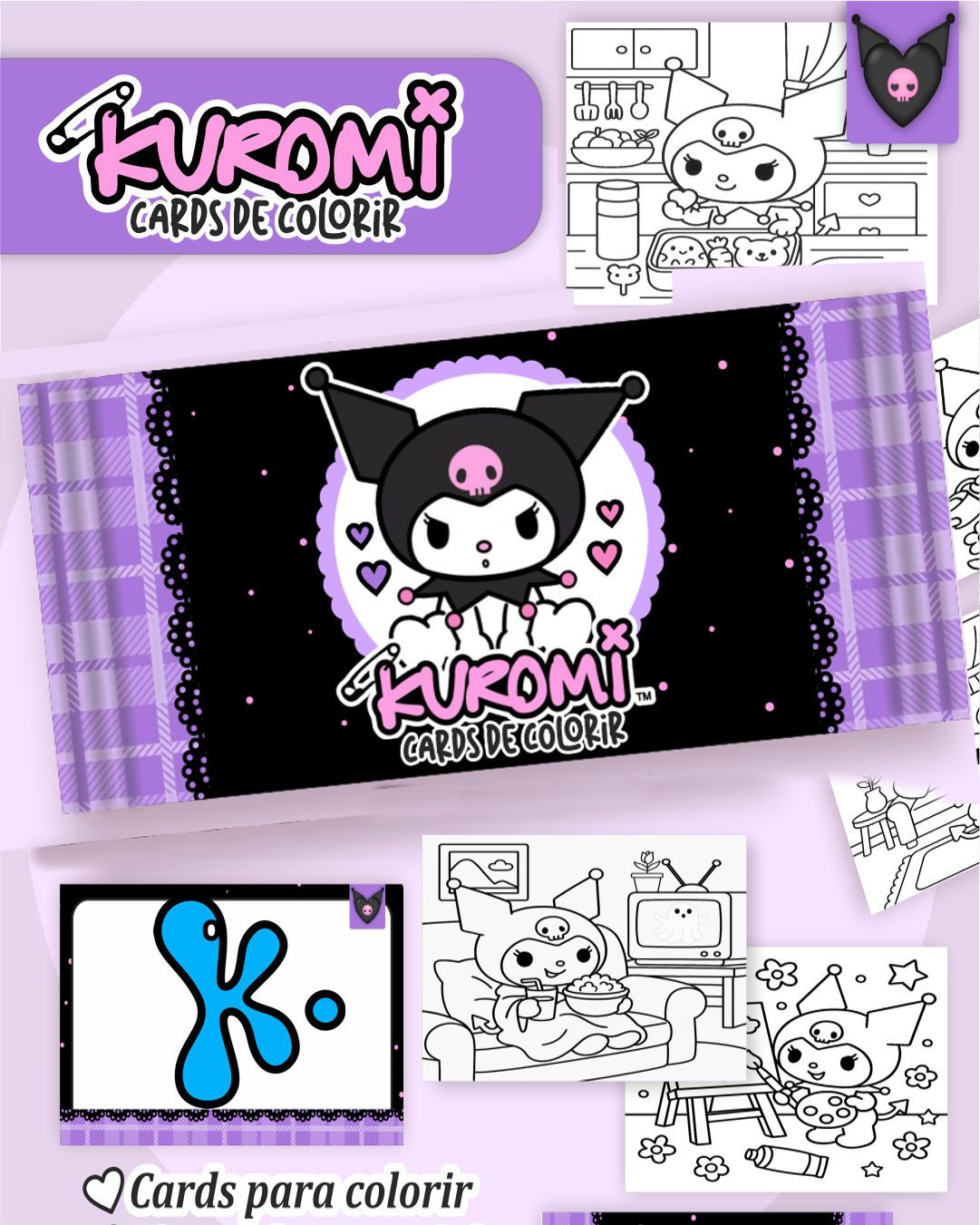 Cards para colorir Kuromi com embalagens roxas e desenhos fofos da personagem da Sanrio