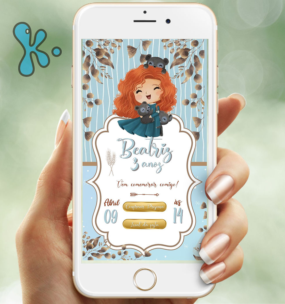 Convite Interativo Brave com ilustração de Merida e ursos em fundo azul