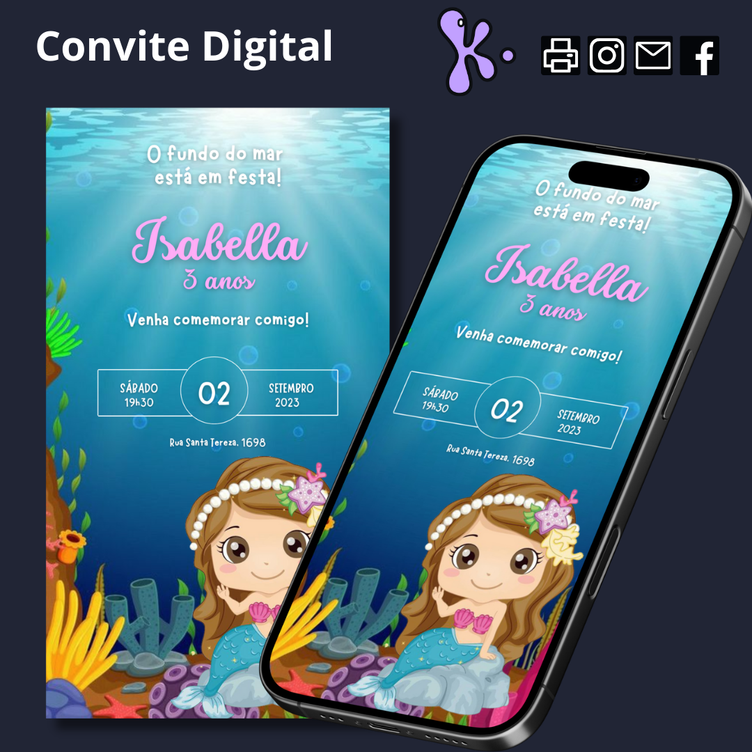 Convite Digital Sereias com sereia ilustrada num fundo do mar azul, personalizado com o nome Isabella e dados da festa.