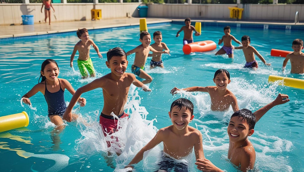 Crianças e adolescentes brincando de jogos aquáticos em uma piscina municipal portuguesa