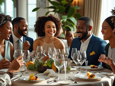 Cena de jantar elegante com pessoas diversas aproveitando um jantar formal