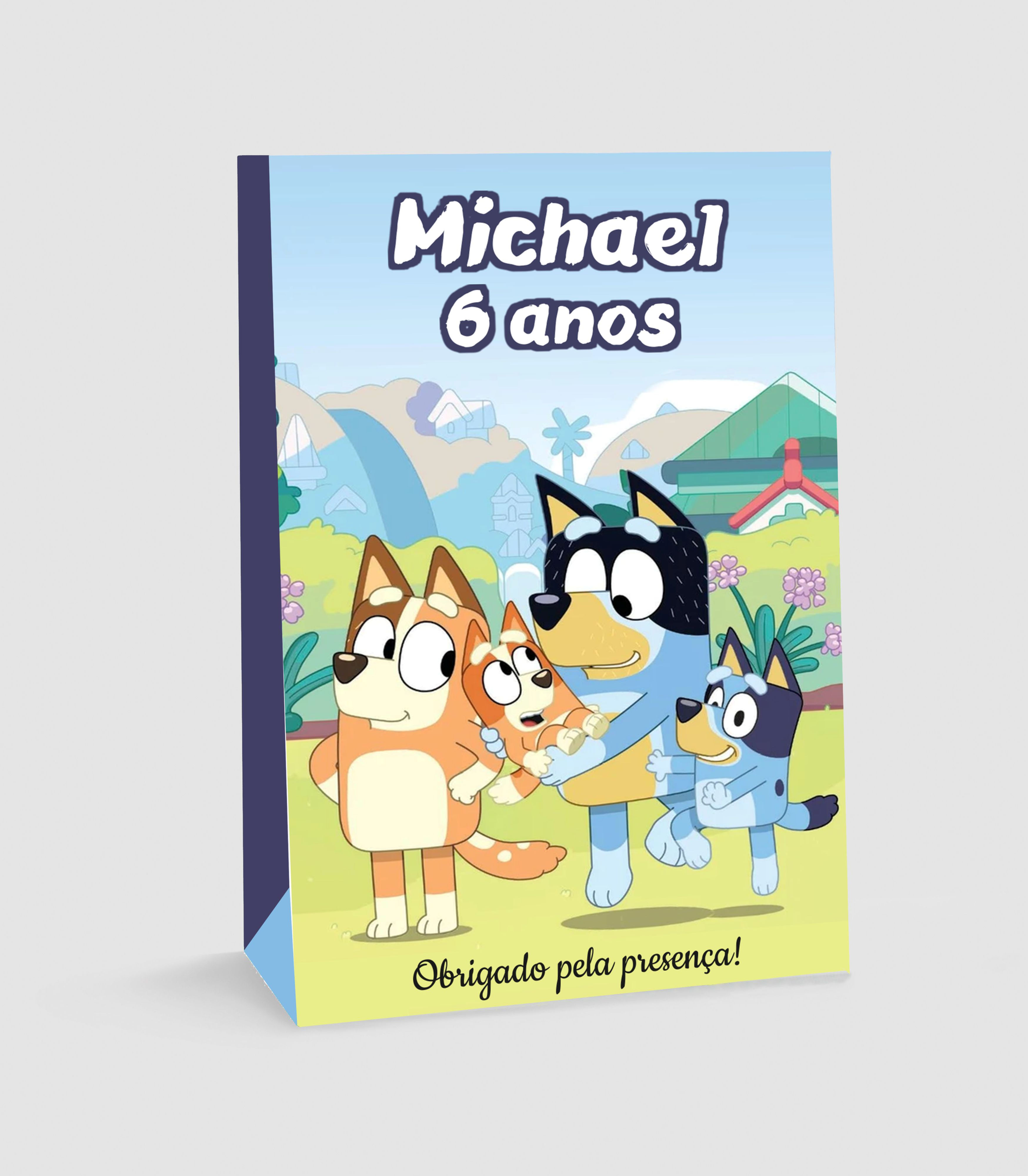 Saco lembrança Bluey personalizado com nome e idade para festa infantil