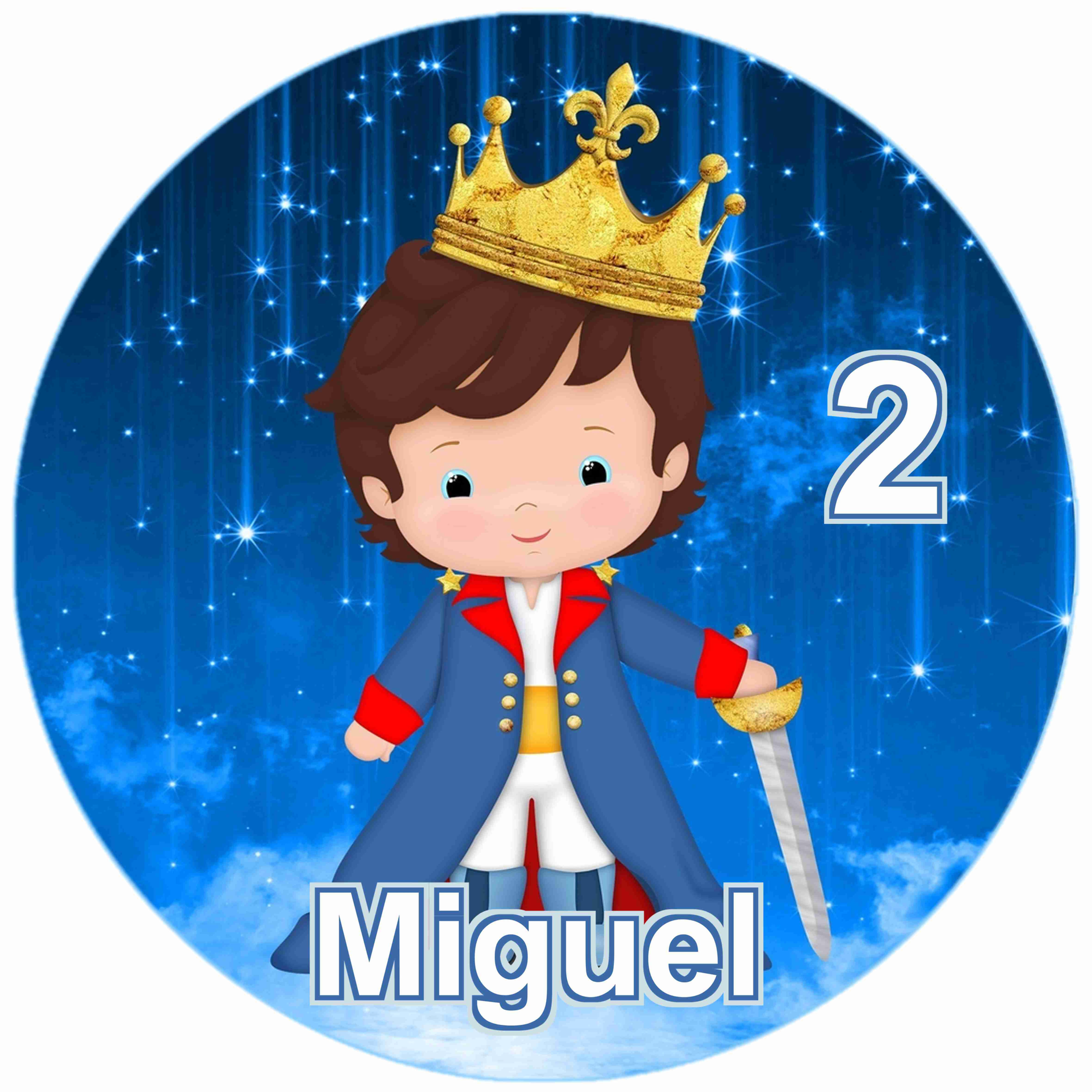 Painel redondo infantil príncipe com coroa dourada, fundo azul estrelado e nome personalizado