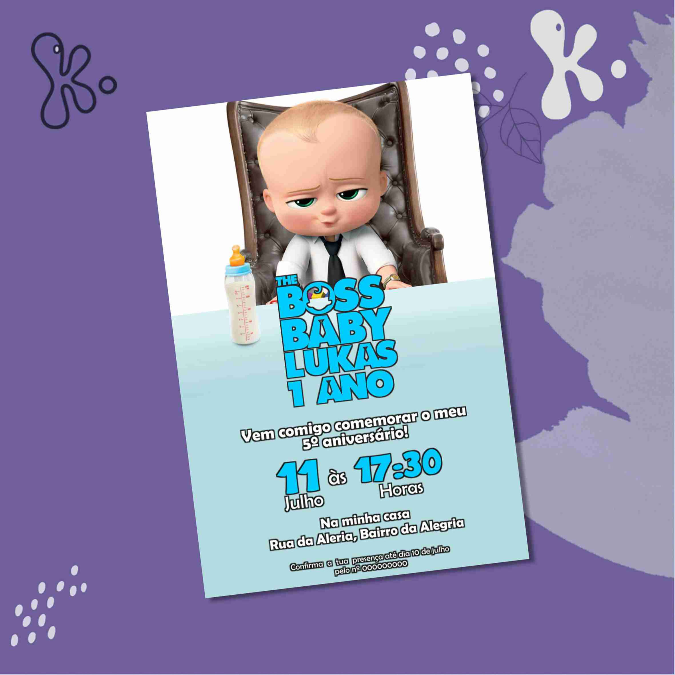 Convite digital The Boss Baby personalizado com fundo azul e personagem do filme sentado numa cadeira de executivo.