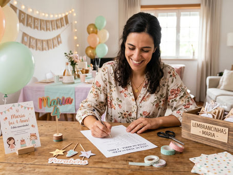 Mãe organiza checklist de festa infantil com decoração, convites e lembrancinhas sobre a mesa.
