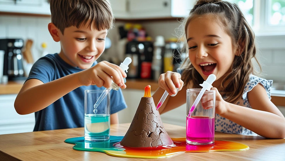 Crianças a realizar experiências científicas em casa: uma despeja vinagre num vulcão de barro, outra mistura líquidos coloridos com conta-gotas. Ambiente divertido e educativo numa mesa da cozinha.
