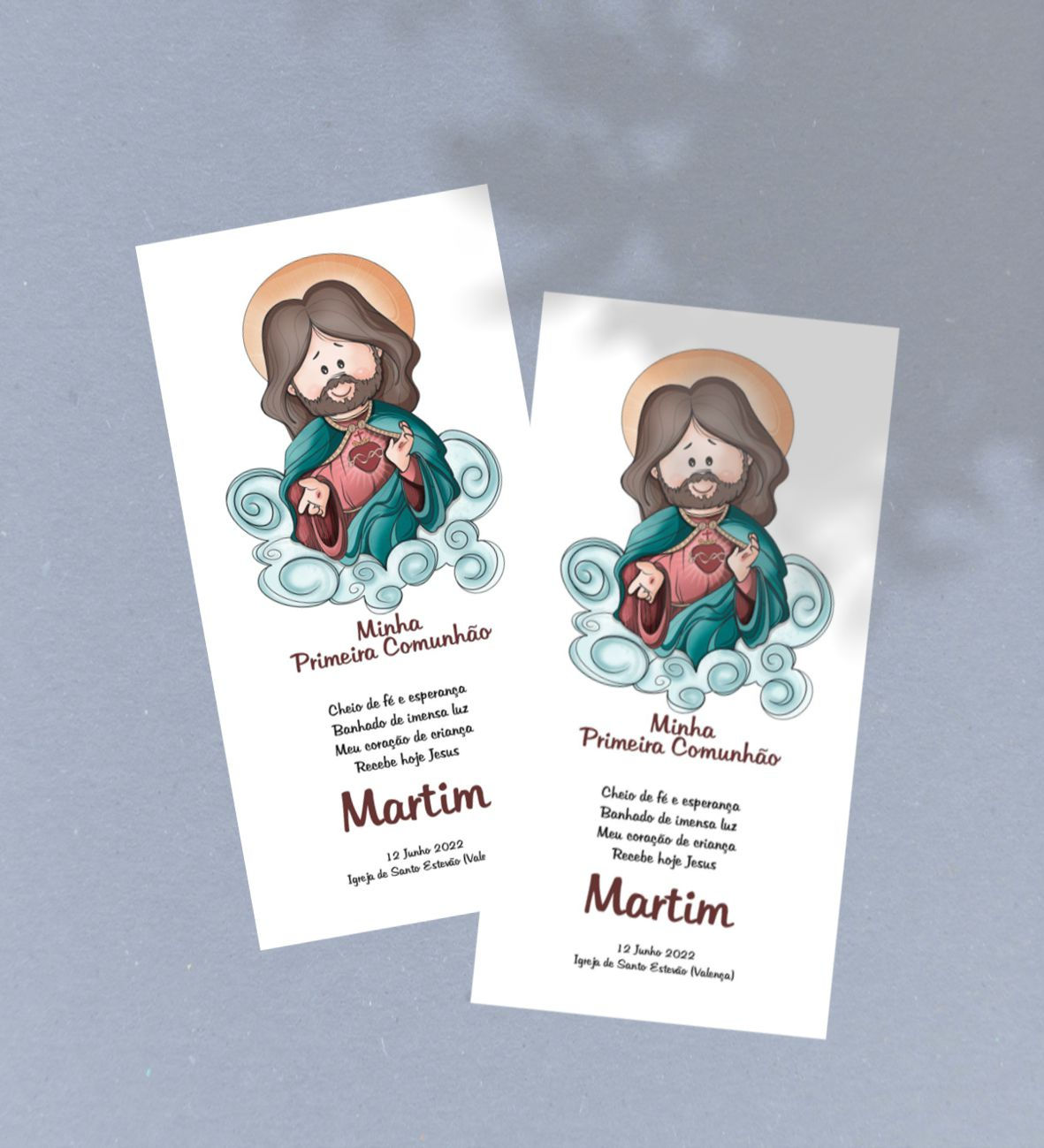 Pagela personalizada Primeira Comunhão com ilustração do Sagrado Coração de Jesus em estilo delicado