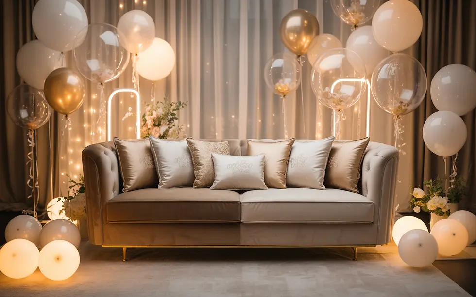 Decoração para fotos com balões e luzes LED criando um clima mágico de festa.