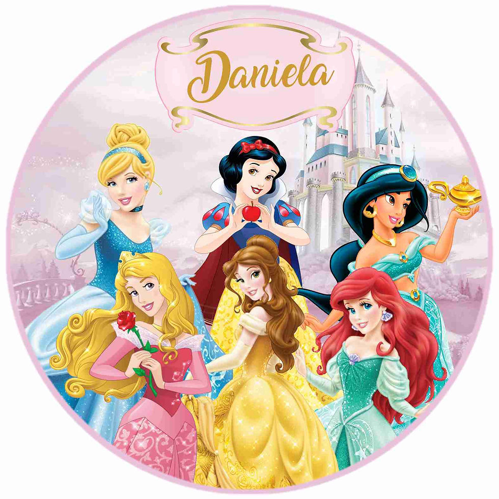 Painel redondo Princesas Disney com várias princesas clássicas e nome personalizado para festa infantil
