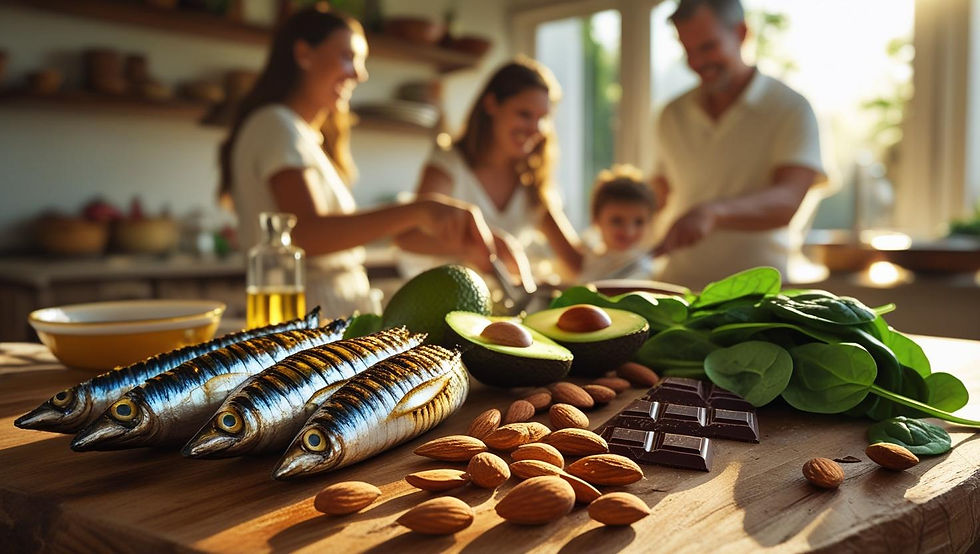 Mesa de cozinha portuguesa com ingredientes frescos típicos: sardinha grelhada, abacate, amêndoas, chocolate negro, espinafres, família a cozinhar junta ao fundo, luz natural da manhã, cores vibrantes dos alimentos, estilo fotográfico culinário lifestyle