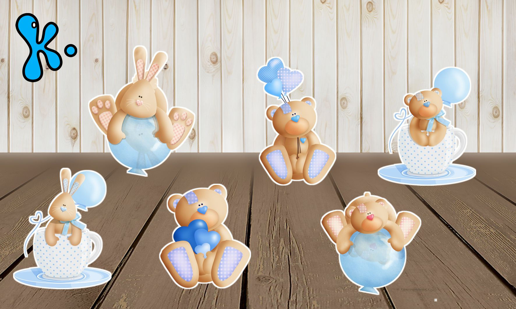 Figuras de mesa para 1º aniversário com ursinhos azul e coelhinhos