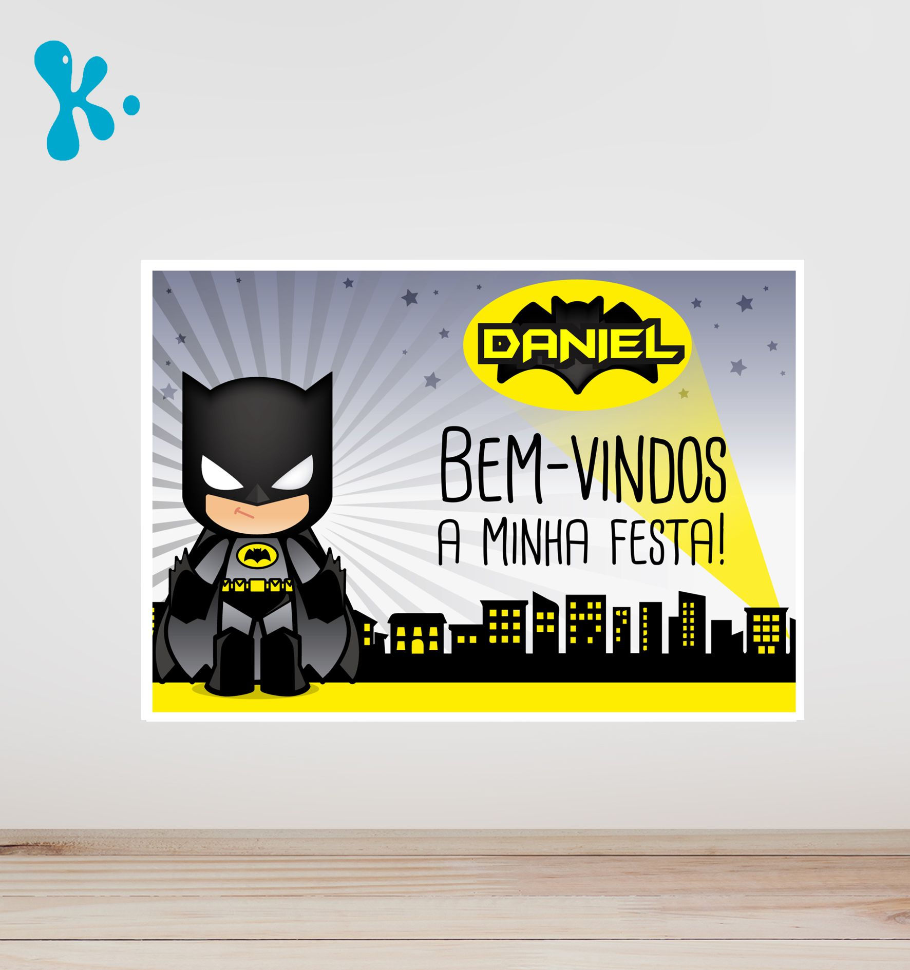 Cartaz de boas-vindas Batman personalizado com nome da criança e cidade de Gotham