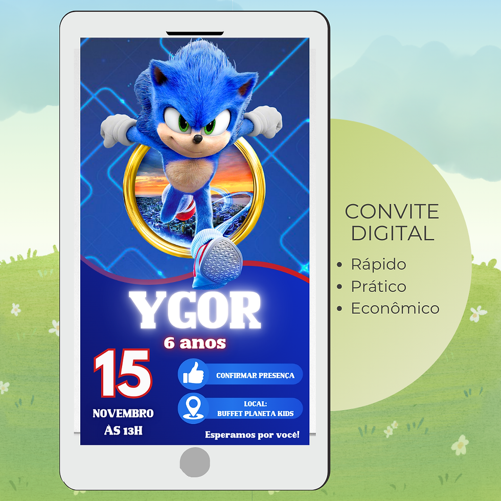 Convite digital do Sonic personalizado, em formato PDF, com links clicáveis e pronto para enviar por WhatsApp ou imprimir