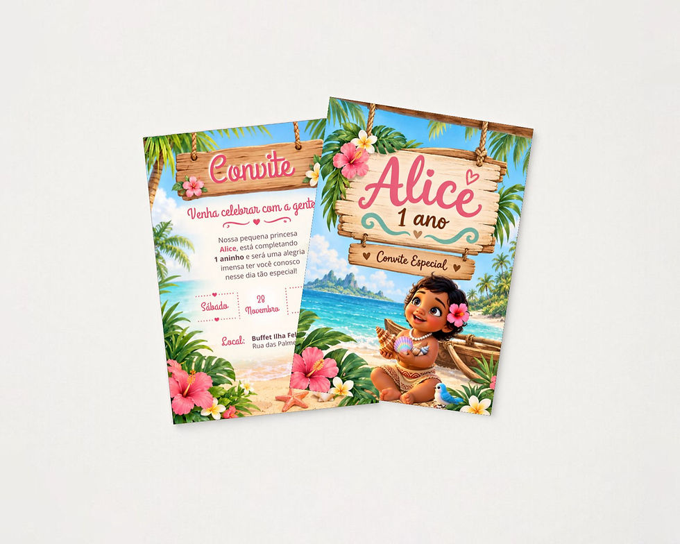 Convite impresso frente e verso Vaiana personalizado, com Vaiana bebé numa praia tropical, flores de hibisco, palmeiras, mar