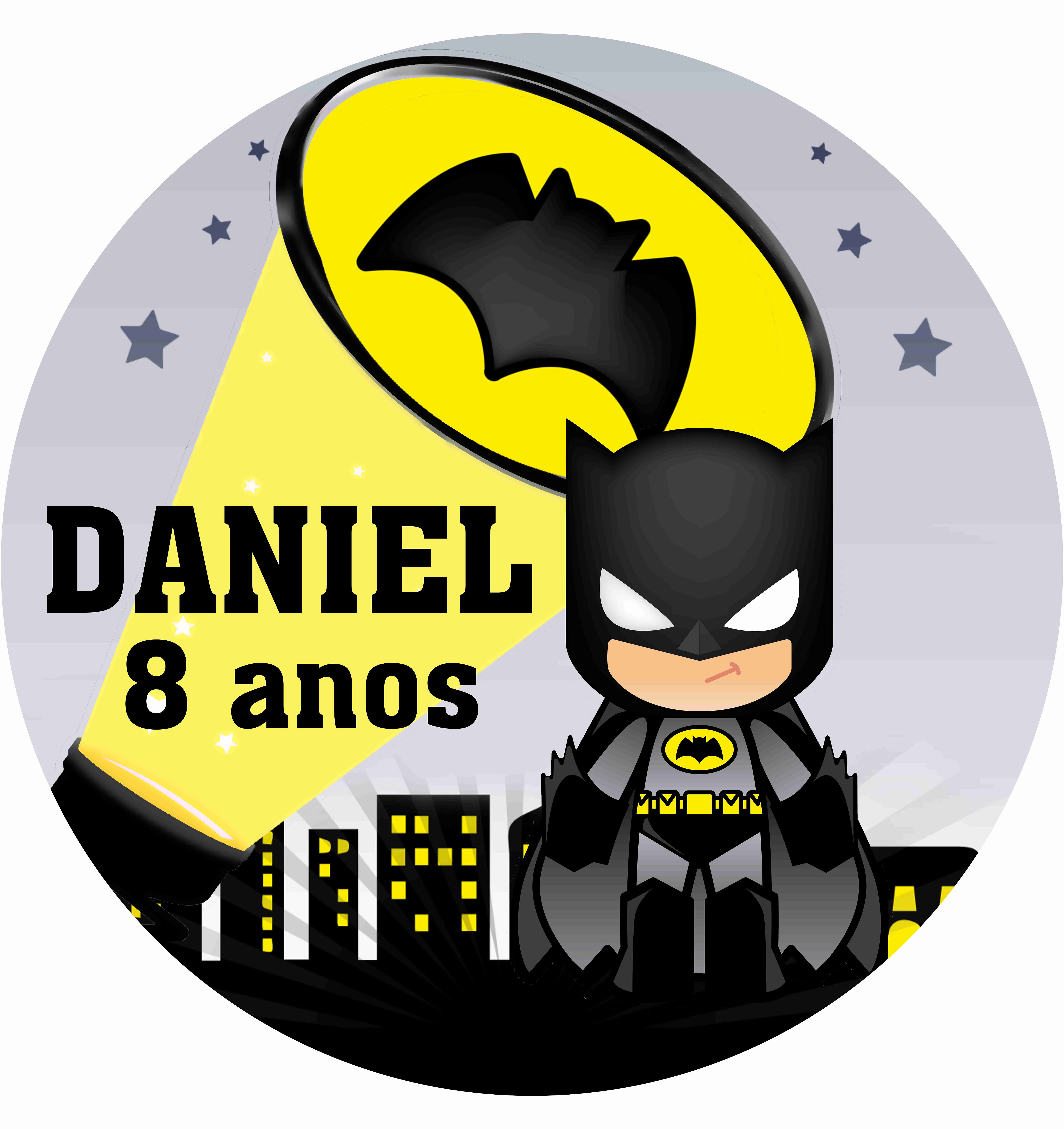 Painel redondo infantil Batman com personagem em destaque, sinal do morcego iluminado e nome personalizado