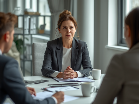 Mulher conversa com confiança e serenidade para resolver uma situação desconfortável no trabalho.