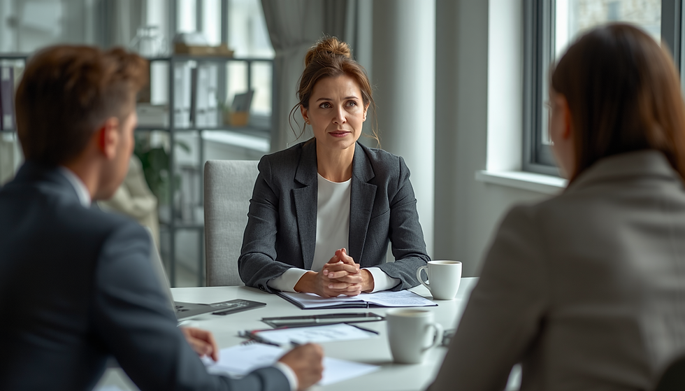 Mulher conversa com confiança e serenidade para resolver uma situação desconfortável no trabalho.