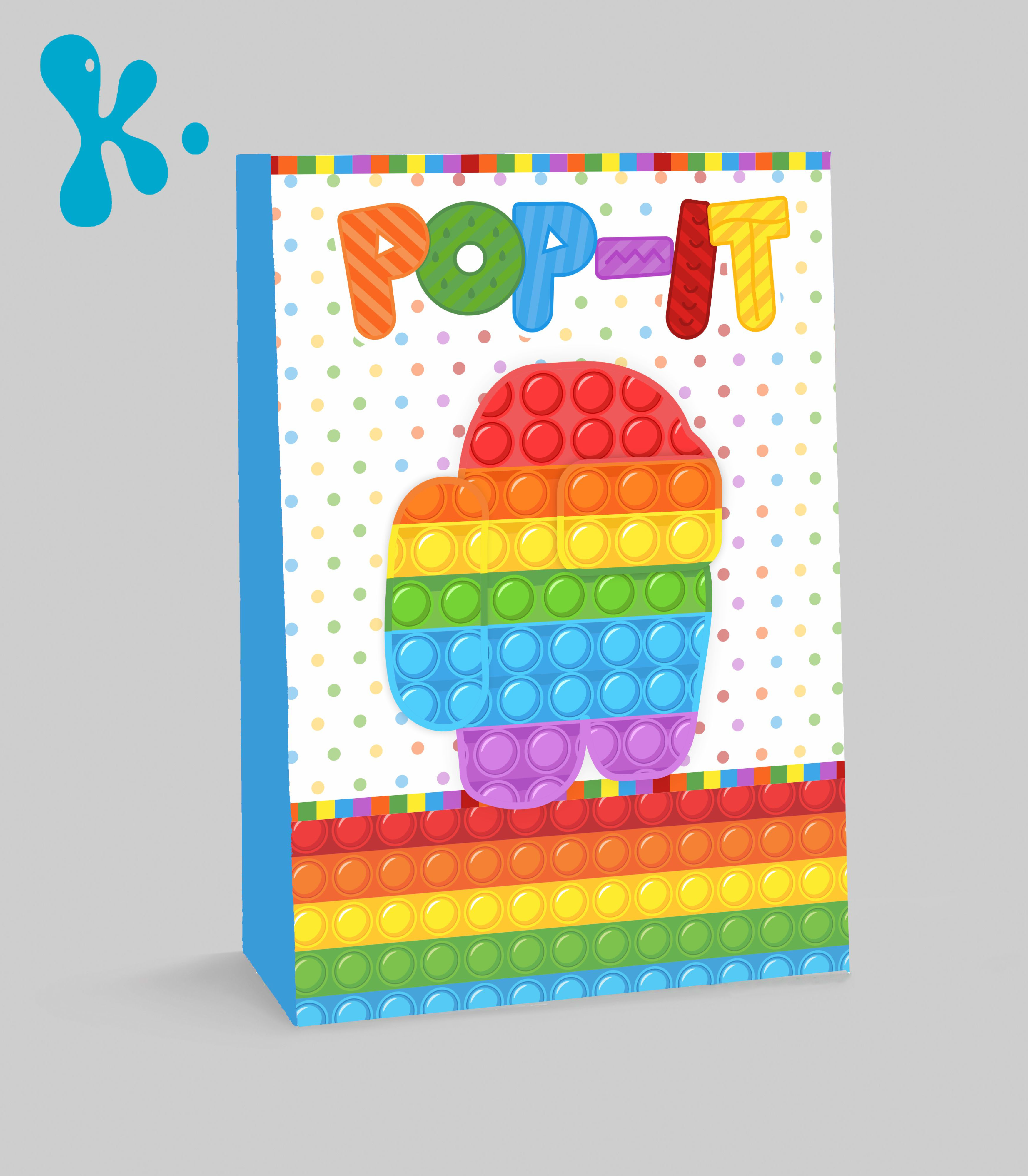 Saco lembrança Pop It personalizado com design colorido para festa infantil