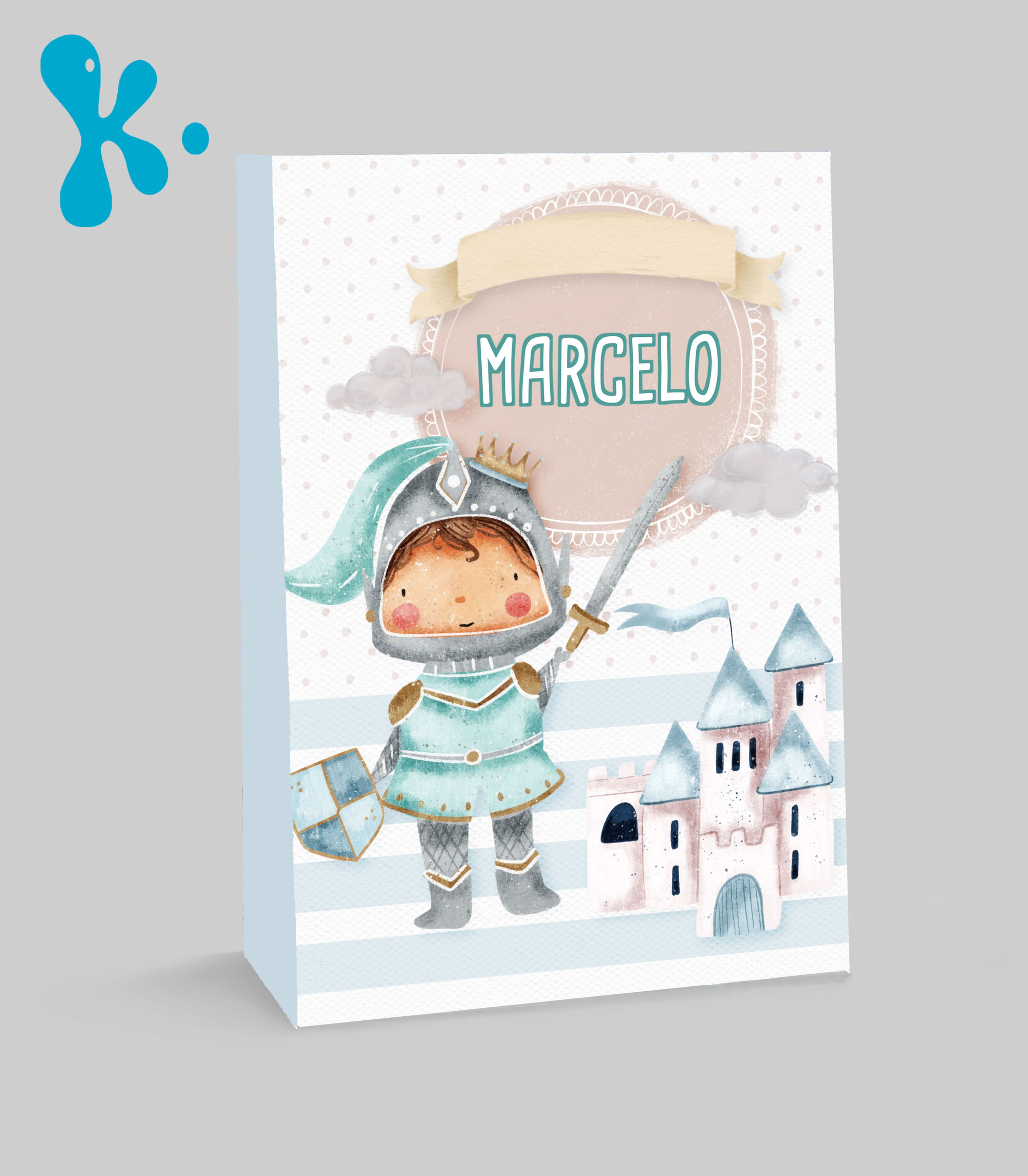 Saco lembrança personalizado Pequeno Cavaleiro com cavaleiro infantil e castelo em tons pastel.