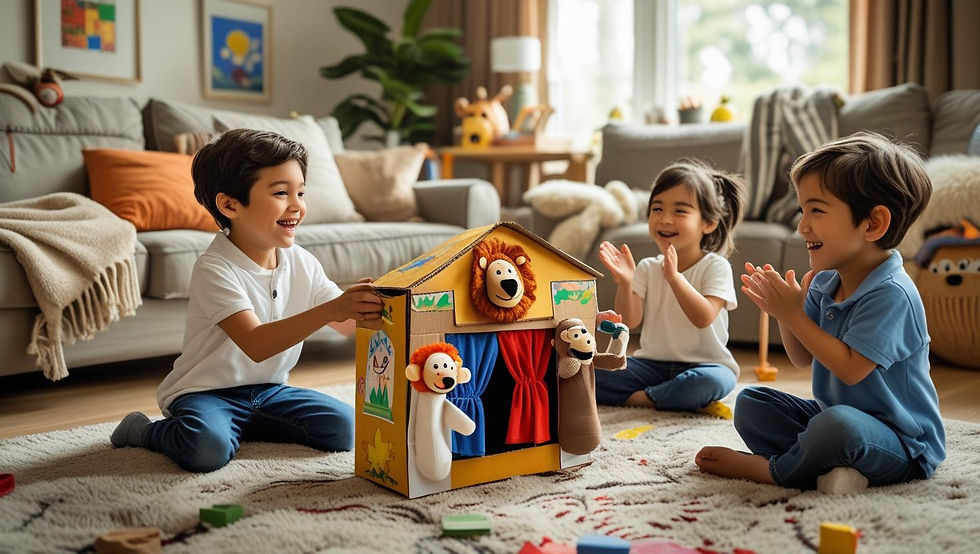 Crianças a fazer um teatro de fantoches em casa, com cenário de papelão e fantoches de meia, enquanto irmãos assistem e aplaudem. Ambiente acolhedor e cheio de imaginação.