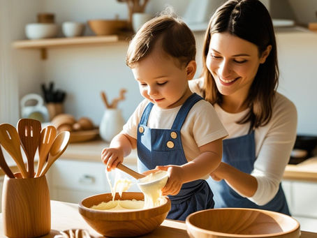 Criança pequena a ajudar a preparar o pequeno-almoço com o pai ou mãe numa cozinha acolhedora, utilizando utensílios simples em estilo Montessori.
