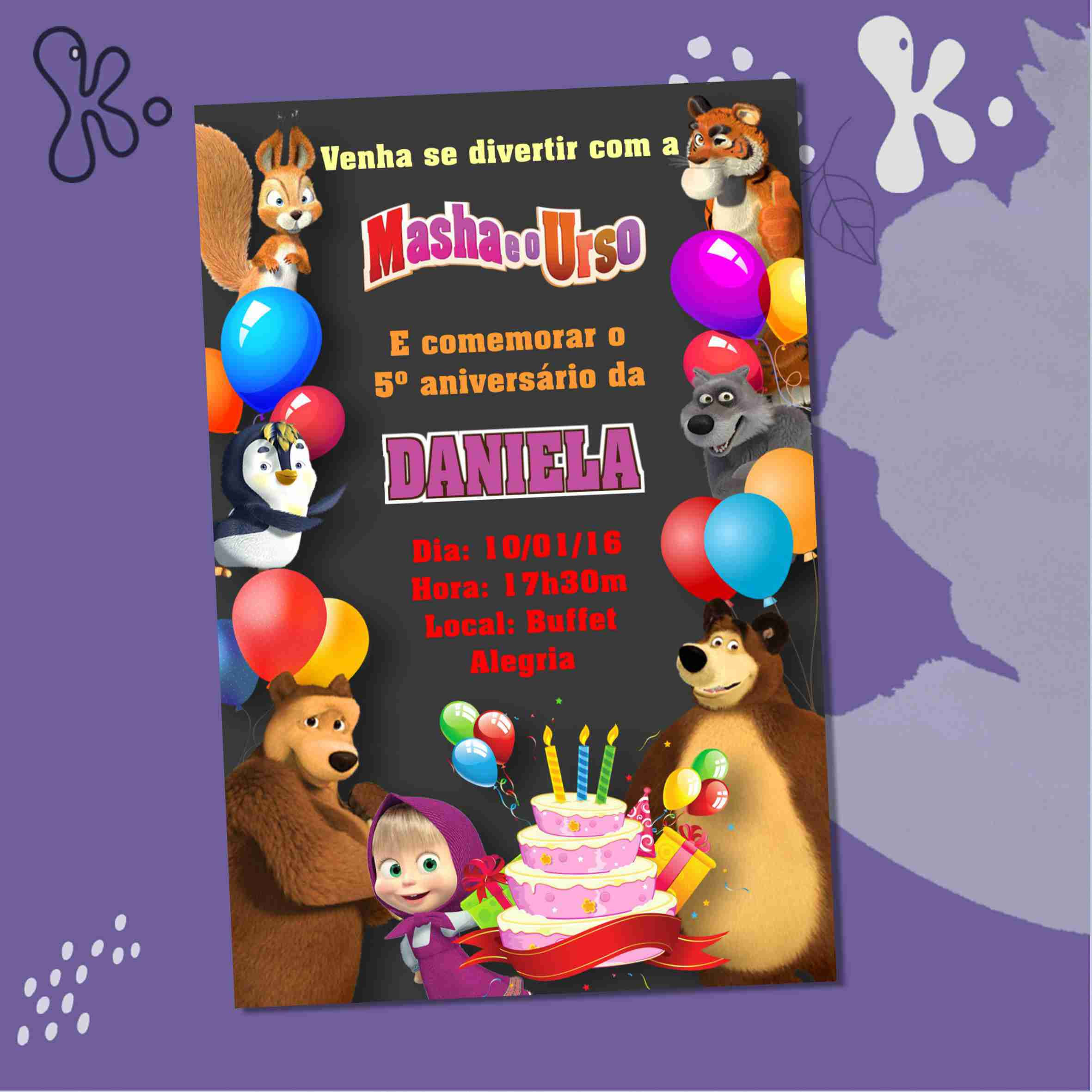 Convite Digital Masha e o Urso Personalizado – Modelo Festa Colorida para Aniversário Infantil